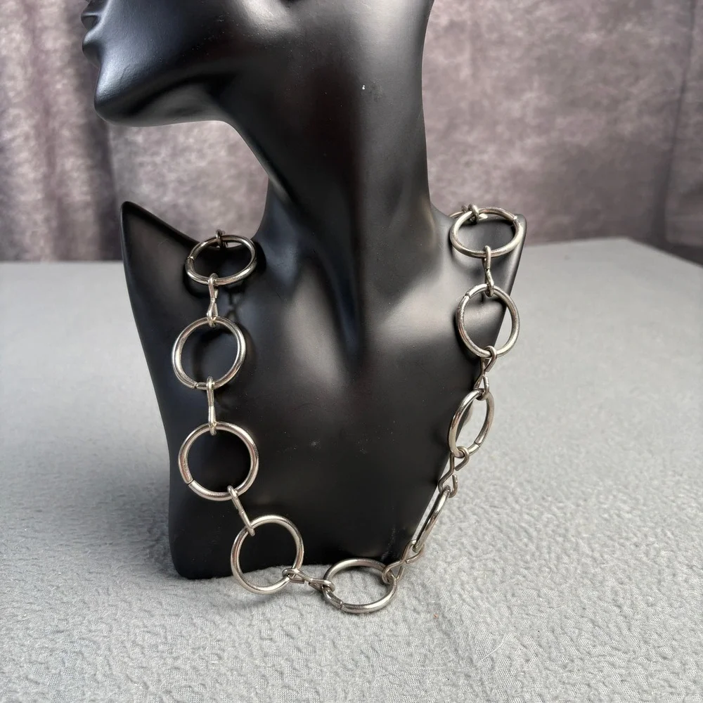 Vintage Silver Tone Large O-Ring Chain Belt ID Tag Detail Punk Industrial 29.5in
